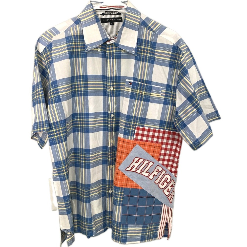 Vtg Tommy Hilfiger Shirt Mens L Multicolor Patchwork Plaid Short Sleeve Hilfiger